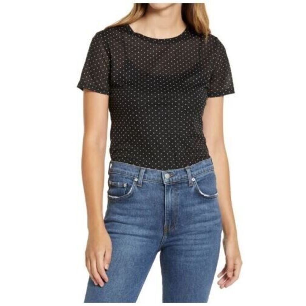 Halogen Women's Shortโ Sleeve Crewneck Mesh Top Navy Ivory Lady Dot Medium $35